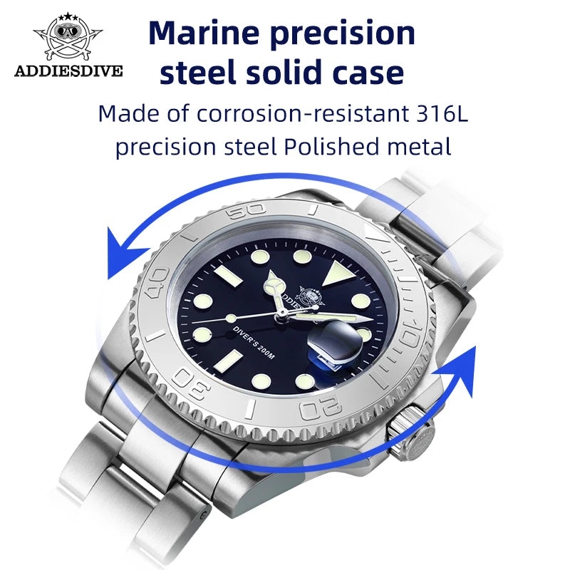 ADDIESIDVE Men's Stainless Steel Watch 200m Diver BGW9 Super Luminous Reloj Hombre European and American Business Quartz Watch