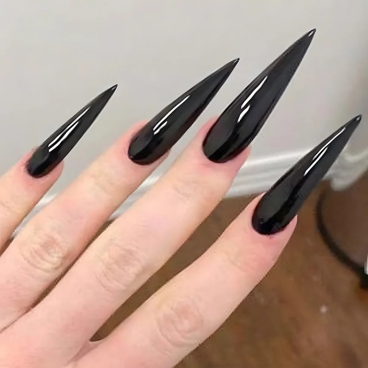 24Pcs Black Y2K Fake Nails with Diamond – Long Almond Butterfly Design Halloween Press-on Nails