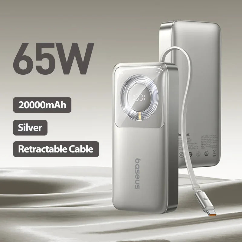 65W 20000mAh Retractable Cable Power Bank Fast Charge