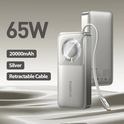 65W 20000mAh Retractable Cable Power Bank Fast Charge