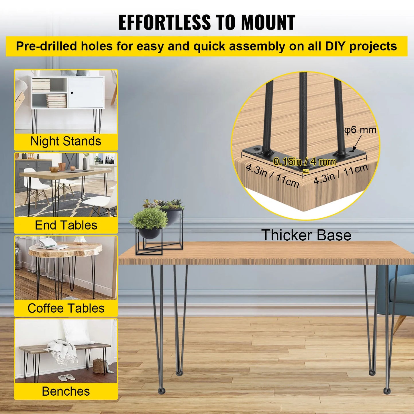 SucceBuy 4Pcs Metal Table Legs 16-40 Inch 3-Rod Hairpin Furniture Legs DIY Home Bench Dining Desk End Coffee Table Feet