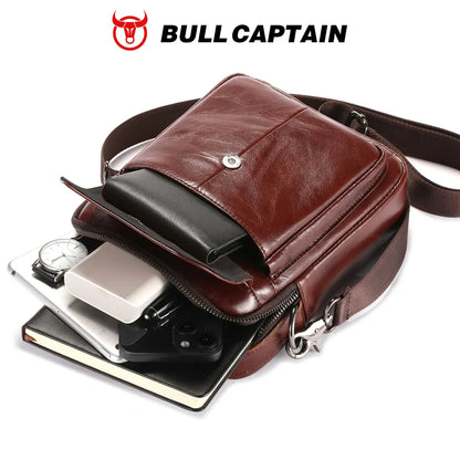BULLCAPTAIN Men's Genuine Leather Shoulder Bag Multifunctional 7.9-inch Tablet Handbag Retro Casual Crossbody Bag Cowhide