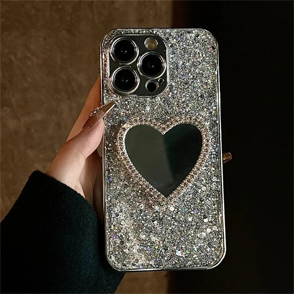 iPhone Glitter Heart Mirror Case with Lens Guard