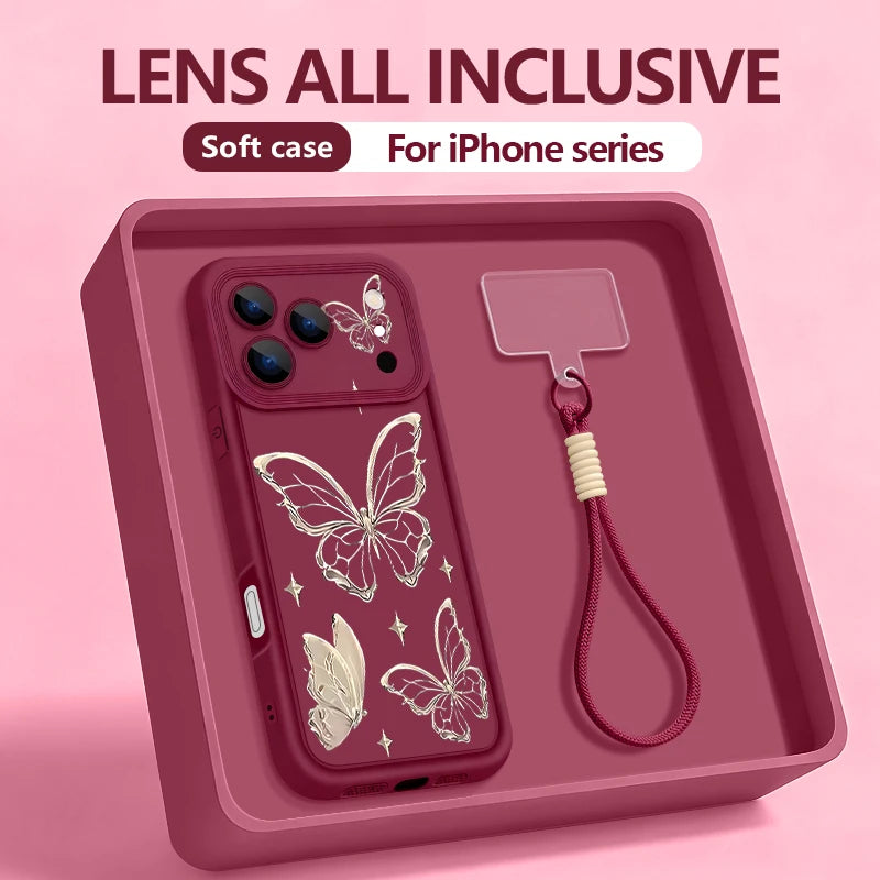 Retro Butterfly Pattern Lanyard Phone Case For iPhone 18 17 Pro Max 16 14 15 17 Pro 13 Pro Max 17e 16e 11 Soft Wrist Strap Cover