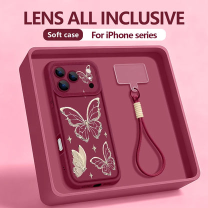 Retro Butterfly Pattern Lanyard Phone Case For iPhone 18 17 Pro Max 16 14 15 17 Pro 13 Pro Max 17e 16e 11 Soft Wrist Strap Cover