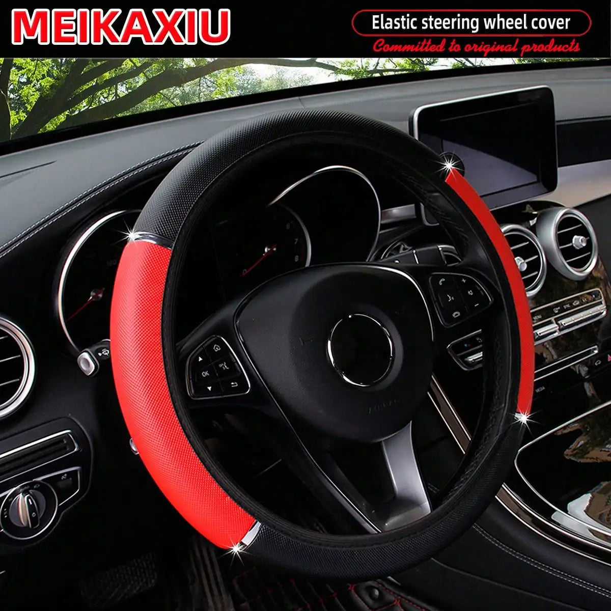 PU leather shiny metal stretchable car rimless steering wheel cover suitable for 14.5 - 15 inch car decoration items