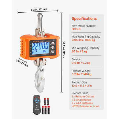 SucceBuy 1000kg/2000kg Digital Hanging Scale Portable with Remote Control Factory Crane Scale LCD Backlight Industrial Scales