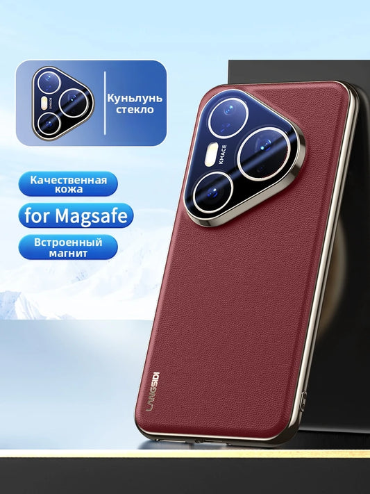 for Magsafe Case for Huawei Pura 80 Pro Pro+ 70 Ultra Luxury Leather Plating Full Glass Lens Protection Magnetic Back Cover