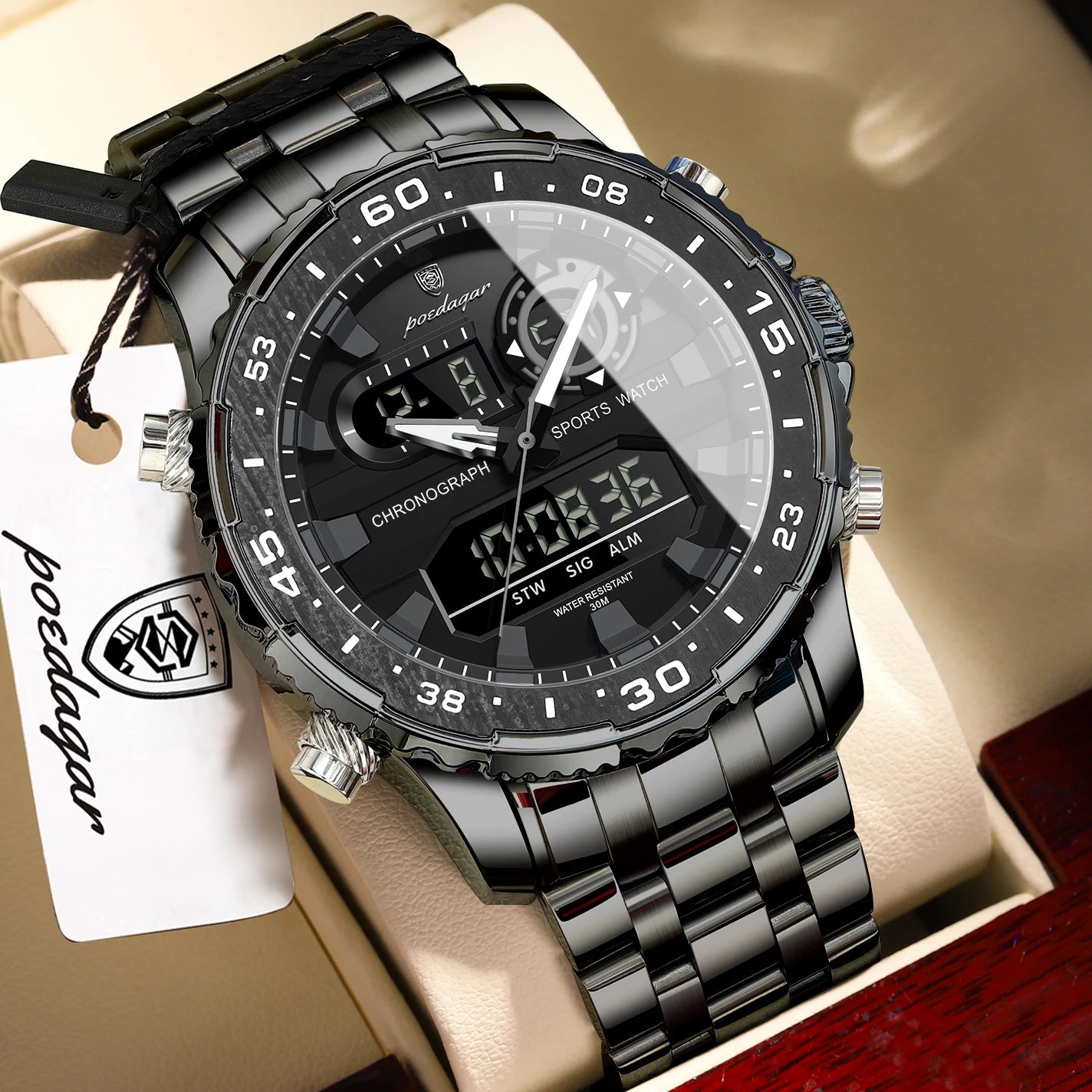 POEDAGAR Top Military Quartz Man Clock Week Date LED Luminous Digital Men Watch Dual Time Electronic Fashion Men's Watches Reloj