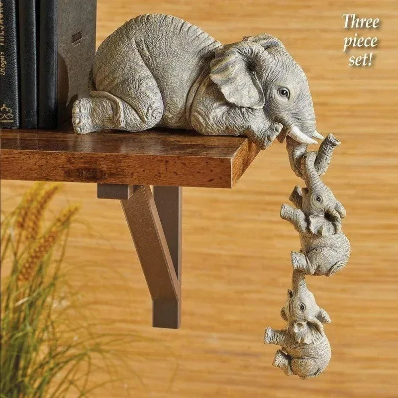 3pcs/set Cute Elephant Figurines Elephant Holding Baby Elephant Hanging Off The Edge of A Shelf or Table Resin Crafts - Urbizia