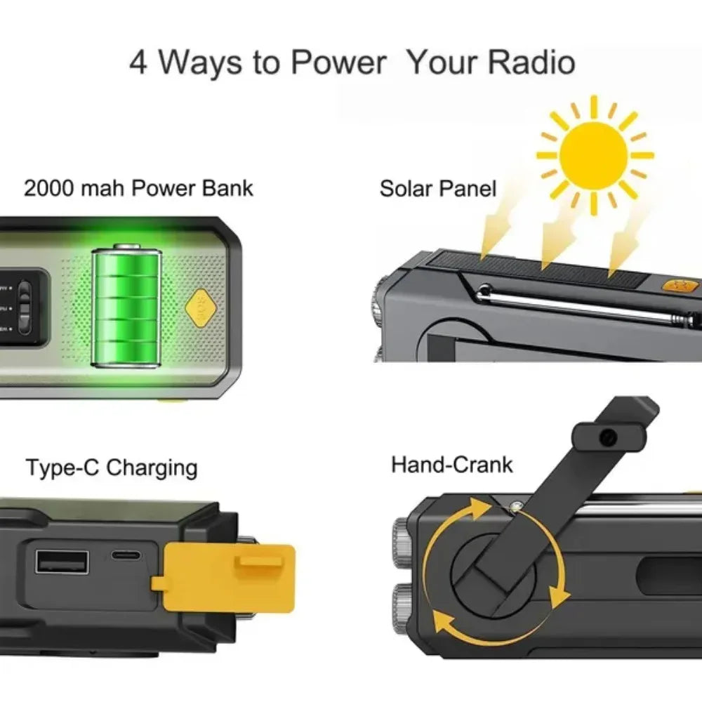 Weather Radio Emergency Multifunctional Radio FM AM WB Hand Crank Solar USB Charging 2000mAh Power Bank LED Flashlight Torch - Urbizia