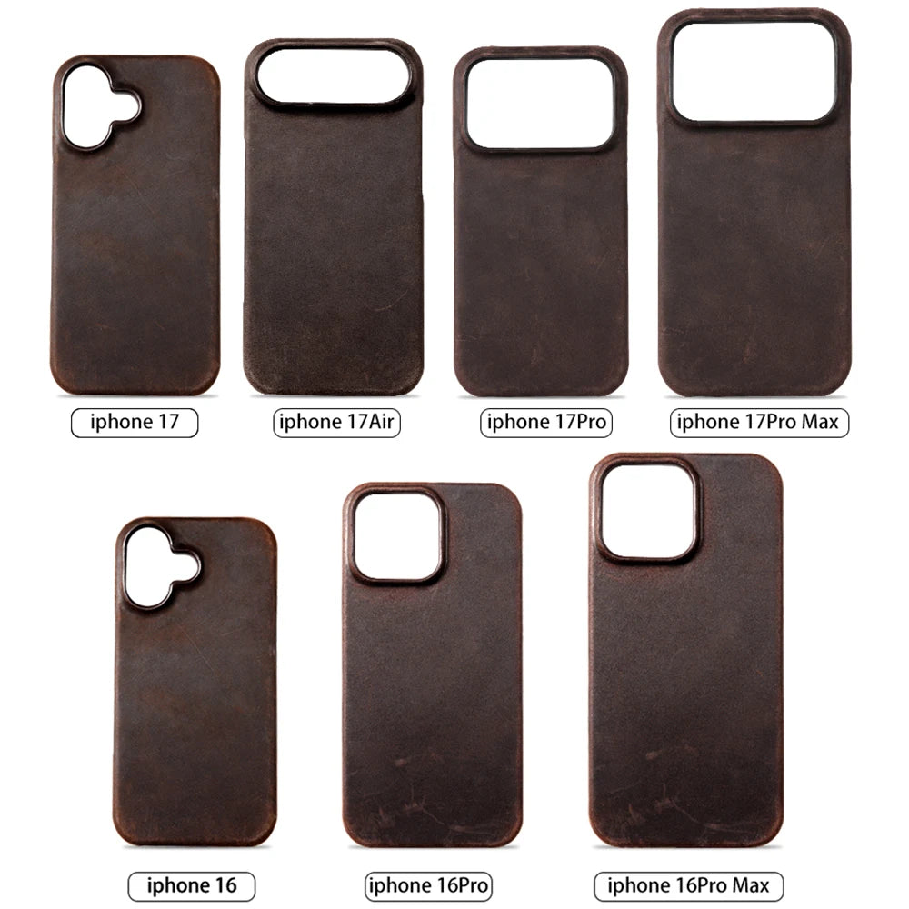 Retro Cowhide Phone Case for iPhone 17 16 15 13 14 Pro Max Air 16Pro 17Pro Luxury Crazy Horse Genuine PULL-UP Leather Back Cover