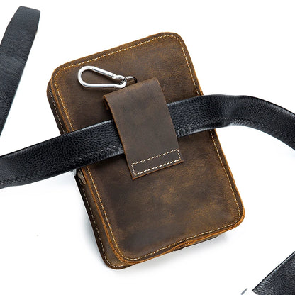 Crazy Horse Skin Men's Wearing Belt Phone Waist Bag Top Layer Cowhide Multi functional Single Shoulder Crossbody Phone Bag
