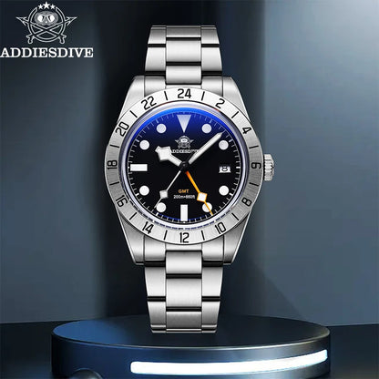 ADDIESDIVE New Luxury Men's Watch 200 Waterproof Stainless Steel Quartz Watch BGW9 Super Blue Luminous GMT Stainless Steel Watch