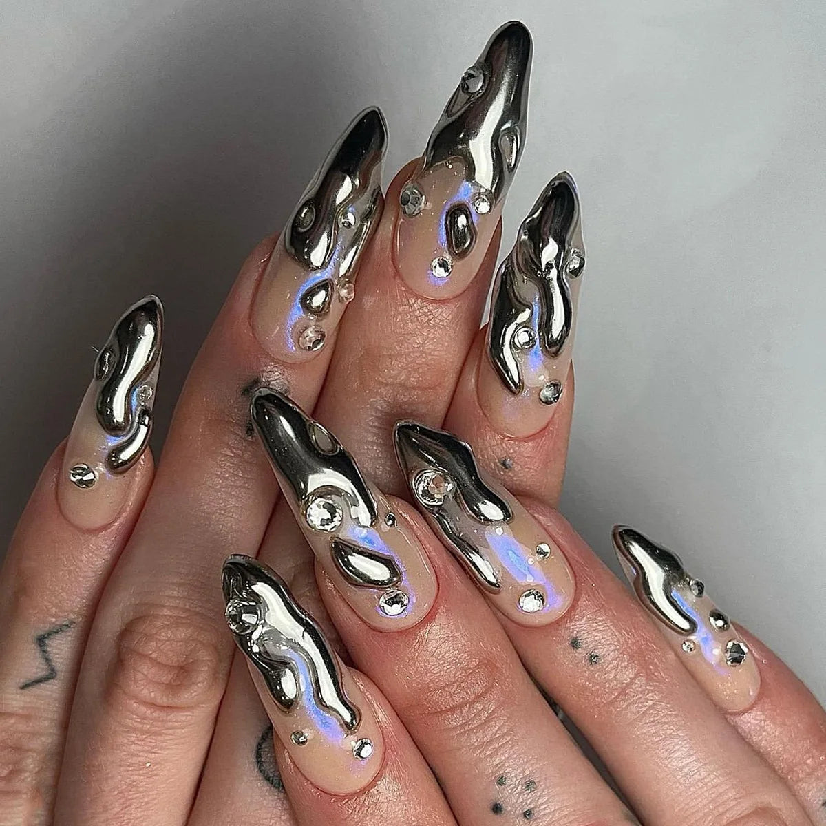 24Pcs Black Y2K Fake Nails with Diamond – Long Almond Butterfly Design Halloween Press-on Nails