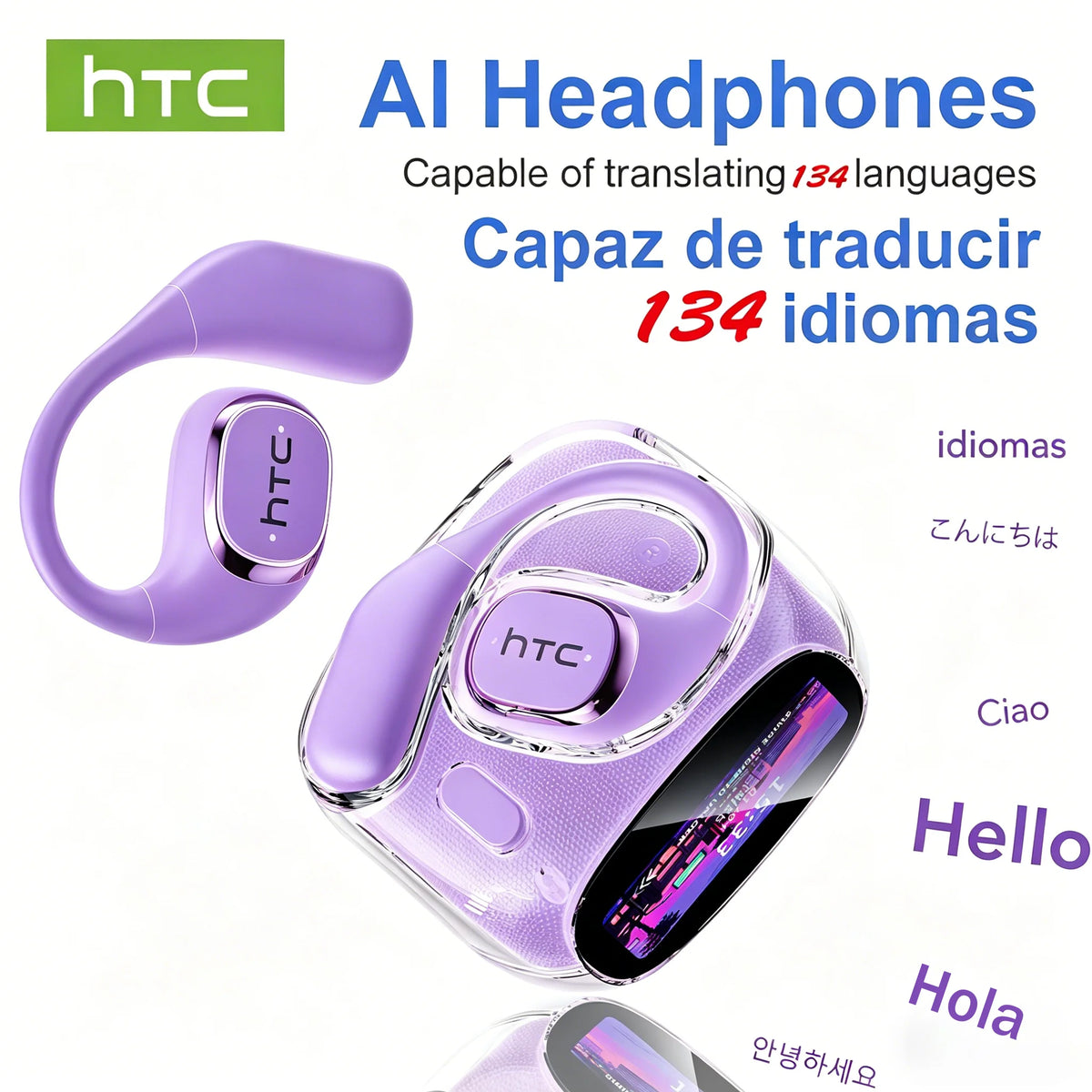 HD Screen Wireless Earphones Bluetooth Music Earbuds HTC NE11 150 Languages 30 Hour Battery Life Clear Audio Comfortable Wearing