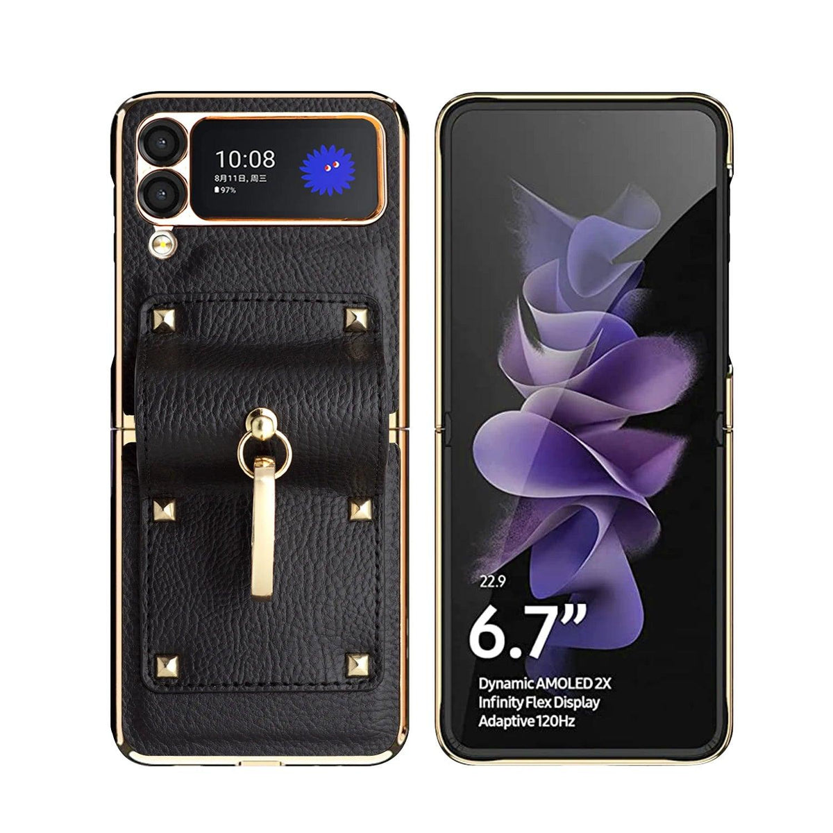 Z Flip6 Flip4 Flip5 plating PC Ring Holder Orange Leather mobile phone case for samsung galaxy Z Flip 7 5 Z flip4 5 cover case