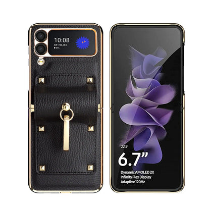 Z Flip6 Flip4 Flip5 plating PC Ring Holder Orange Leather mobile phone case for samsung galaxy Z Flip 7 5 Z flip4 5 cover case