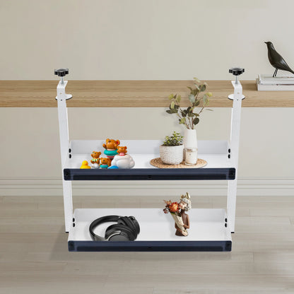Clamp-on Desk Shelf, 2-Tier, Above or Under Table Corner Shelves Metal Organizer, White