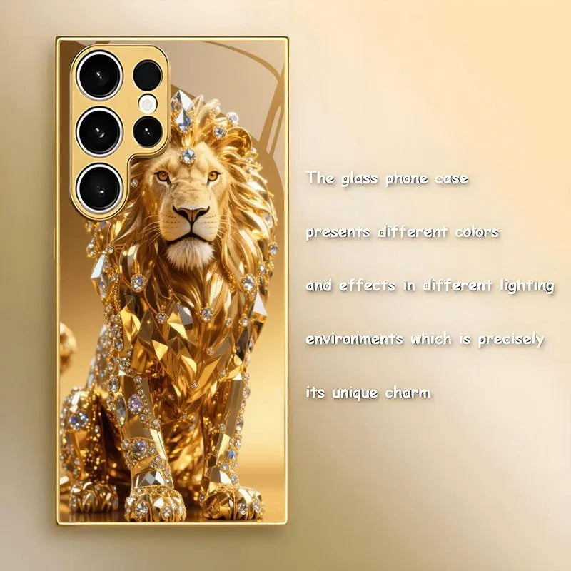 Luxury color diamond gold lion pattern glass phone case suitable for Samsung  Galaxy S26/S25/S25 Plus/S25 Ultra/S24 Plus/S24
