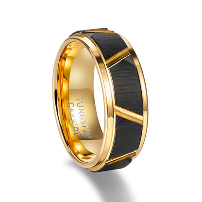 Tigrade 6mm/8mm Mens Tungsten Rings Groove Beveled Edge Pattern Brushed Black Gold Color Wedding Bands Engagement Ring
