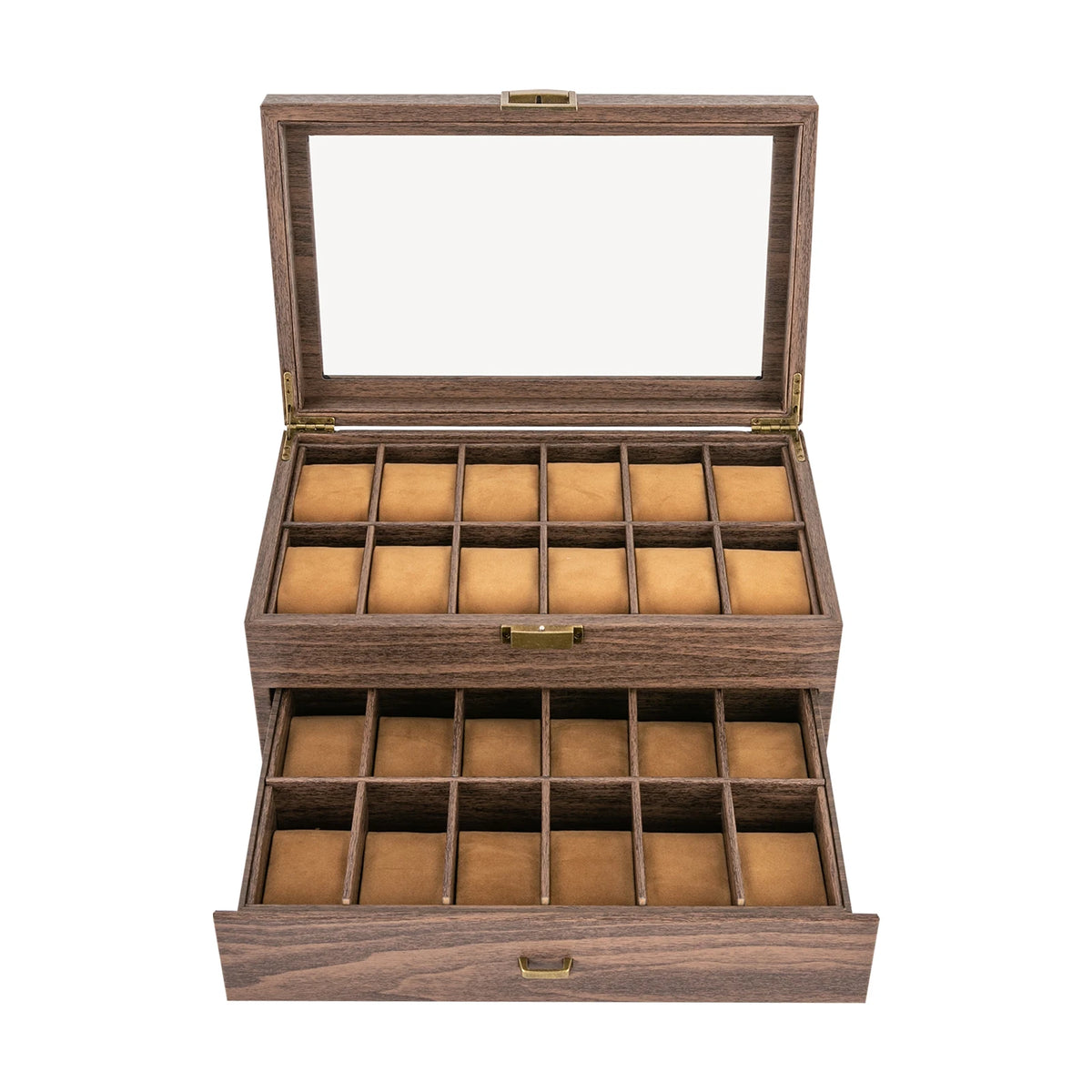 24-Bit Watch Box, 2-Tier Rustic Brown Watch Display Case with Glass Window, Tabletop Jewelry Storage Organizer for Men & Women