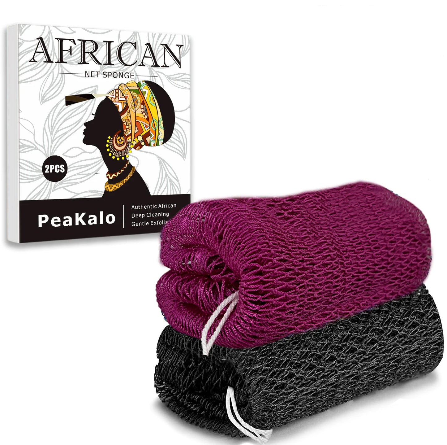 PeaKalo Authentic African Net Sponge-2Pcs Exfoliating Bath Shower Loofah Sponge, Gentle Back Scrubber for All Skin Types,Durable