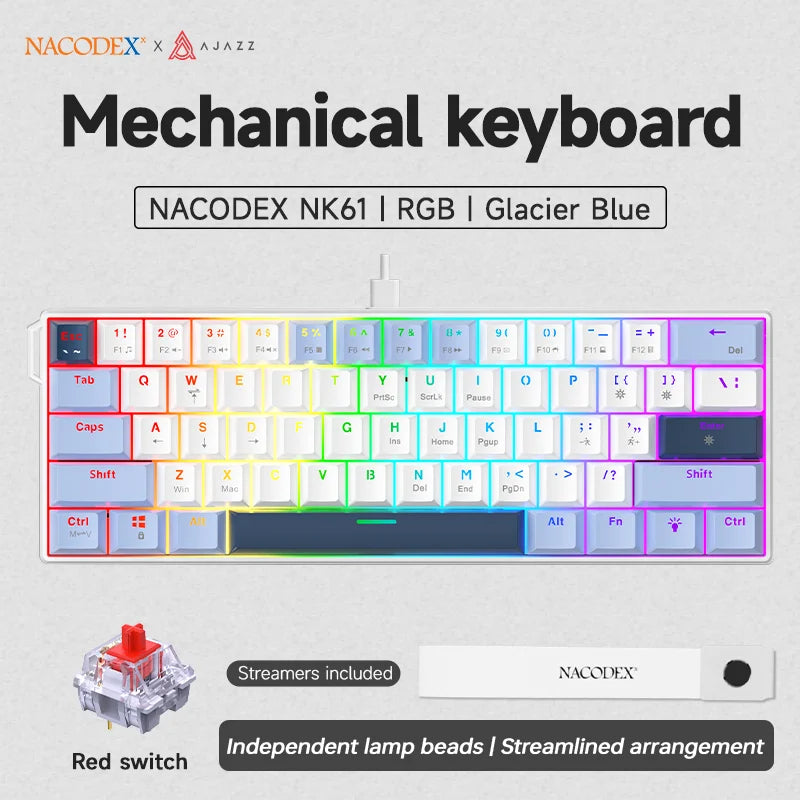 AJAZZ NK61 Wired Gaming Mechanical Keyboard 60% RGB Hot-Swappable 61 Keys Red Switch Mini Keyboard for Gamer PC