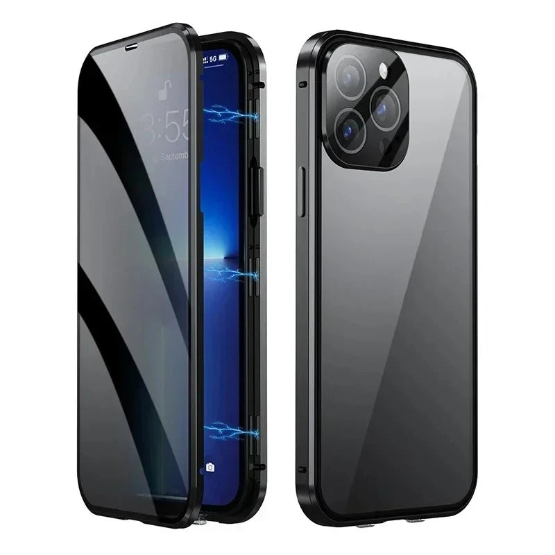 360 ° Full Protection Metal Magnetic Double-Sided Glass Snap Lock Privacy Case For iPhone 17 16 15 14 13 12 Pro Max Plus 17E 16E