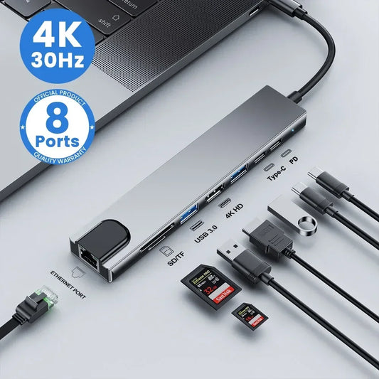 8-in-1 USB C Hub 4K HDMI Adapter with RJ45 & Card Reader