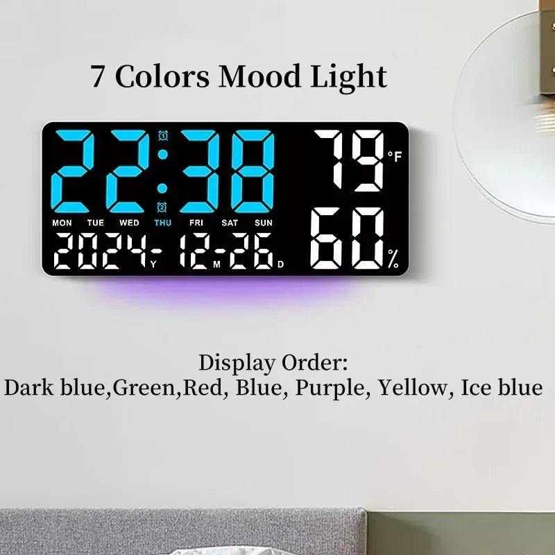 Large Digital Wall Clock with 7Colors Mood Light 2 Alarm TEMP Humidity Date Table Clock 12/24H Timing Countdown LED Alarm Clock - Urbizia