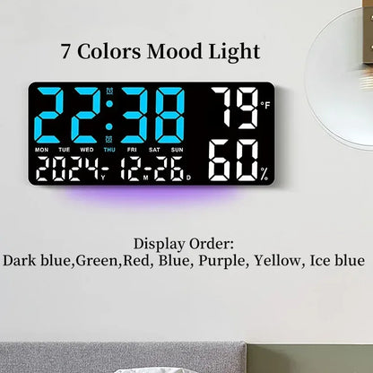 Large Digital Wall Clock with 7Colors Mood Light 2 Alarm TEMP Humidity Date Table Clock 12/24H Timing Countdown LED Alarm Clock - Urbizia