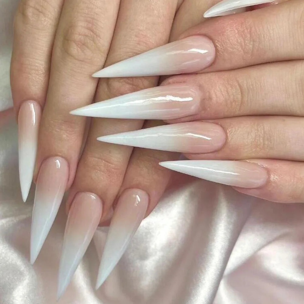 24Pcs Long Almond Fake Nails – Detachable French Ballet Halloween Press-on Full Cover Nail Tips