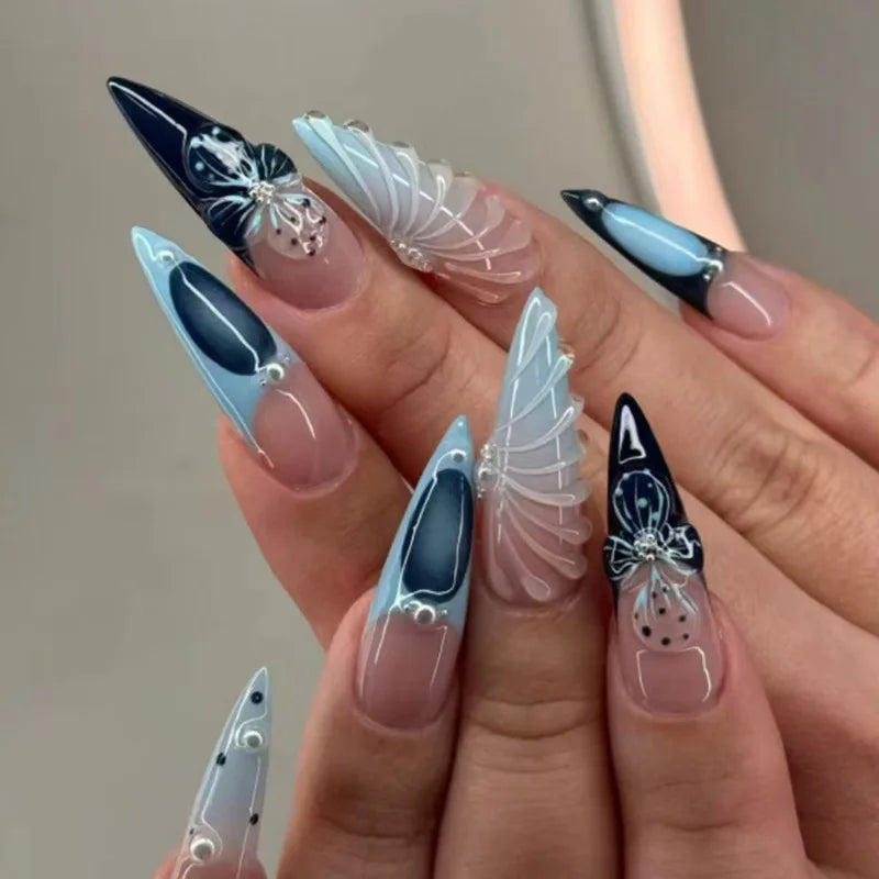 24Pcs Black Y2K Fake Nails with Diamond – Long Almond Butterfly Design Halloween Press-on Nails