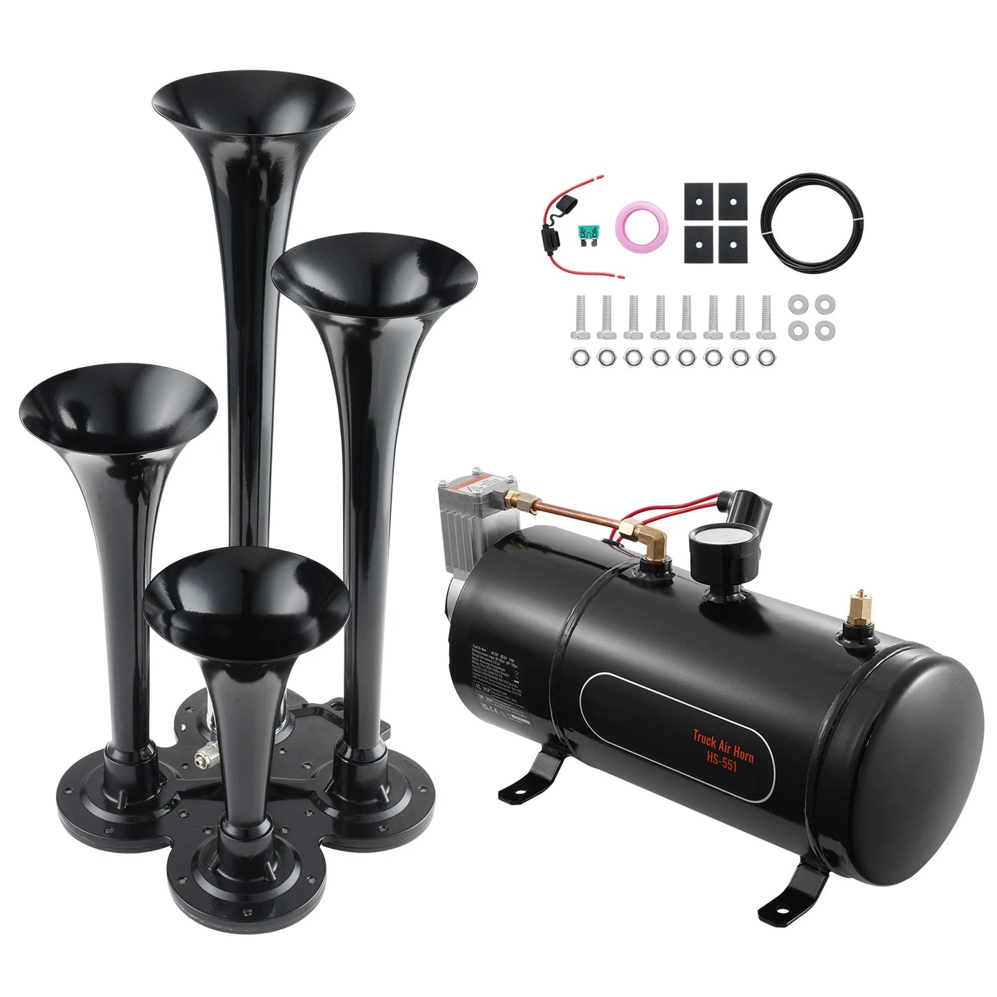 SucceBuy Train Horns Kit 4 Trumpet Air Horn Kit 150dB Train Horns 12V 120psi Air Compressor  for Car Truck Train Van Boat Pickup