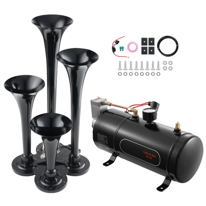 SucceBuy Train Horns Kit 4 Trumpet Air Horn Kit 150dB Train Horns 12V 120psi Air Compressor  for Car Truck Train Van Boat Pickup