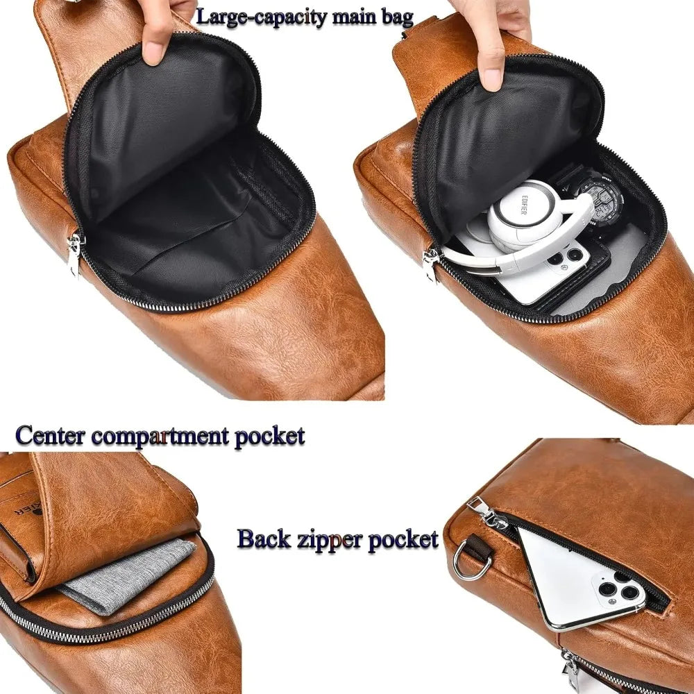 Sling Bag for Men Crossbody Chest Bag, PU Leather Over the Shoulder Purse Cross Body Sling Backpack for Travel