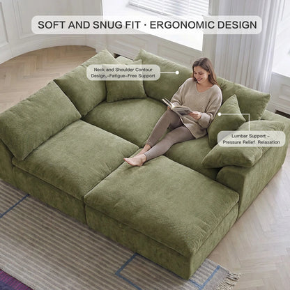 109" Modern Cloud L-Shaped 3-Seater Oversized Deep Seat Chenille Fabric Sofa White Modular Sectional with Ottoman
