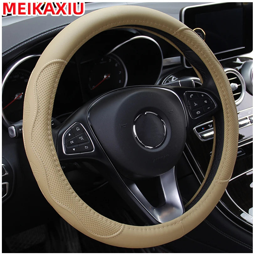 PU fiber leather embossed car has an inner ring steering wheel cover suitable for 14.5 - 15 inch round car decorations.