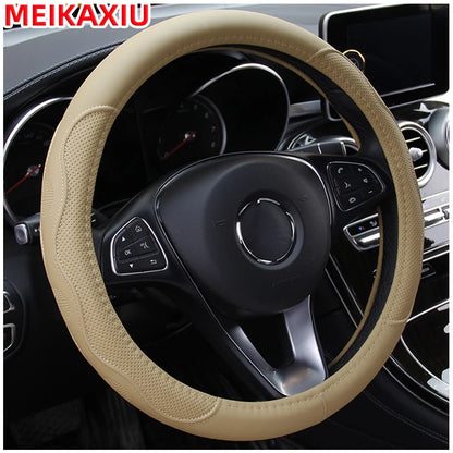 PU fiber leather embossed car has an inner ring steering wheel cover suitable for 14.5 - 15 inch round car decorations.