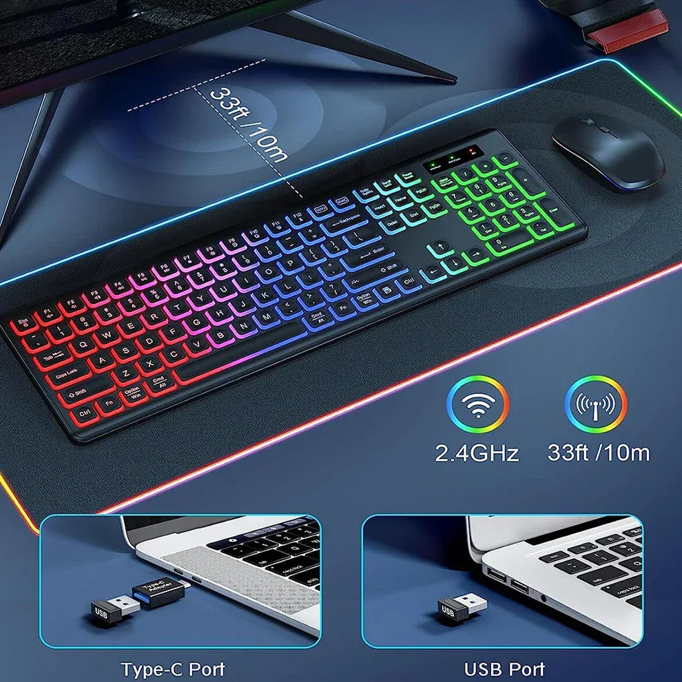 JOMAA 2.4G Wireless Keyboard Mouse Combo RGB Backlit Rechargeable Full-Size Ergonomic Type-c Wireless Keyboard Mouse Set