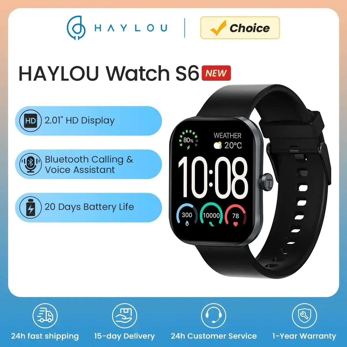 HAYLOU Watch S6 Smartwatch 2.01" HD Display Smart Watch Bluetooth Voice Callings IP68 Waterproof Fitness Tracking Smartwatch - Urbizia