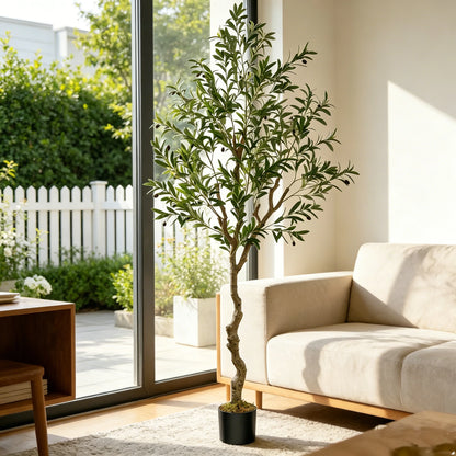 5/6/7/8 Olive Trees Artificial Indoor Faux Olive Tree with Black Pot Silk Fake Plant with Natural Wood Trunk and Lifelike Fruits for Home Office Decor