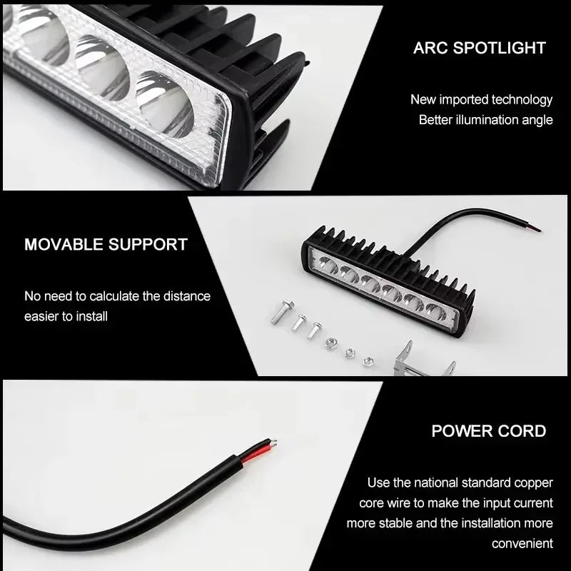 1/2PCS 12V Car LED Light Bar 18W 6000K Super Bright Car LED Work Light IP67 Waterproof Flood Spot Light White Off Road Head