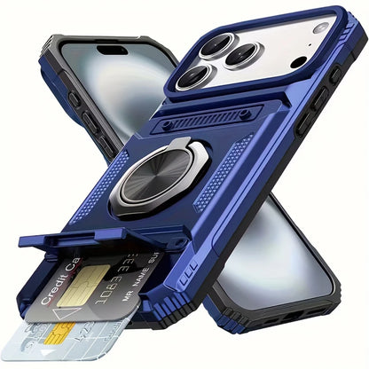 Rugged Armor Phone Case with Hidden Dual Card Slot & 360° Rotating Metal Ring Holder Kickstand, Shockproof Heavy-Duty Hard Shell with Raised Camera Protection, Compatible with iPhone 18/17 Pro Max/16/15/14/13/12/11/Plus/Aie