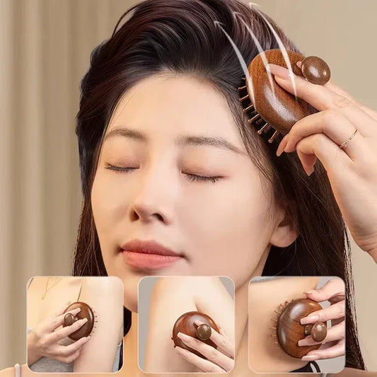 Natural solid wood meridian massage comb round tooth GuaSha tool relieves headaches and relaxes scalp acupoint massage brush