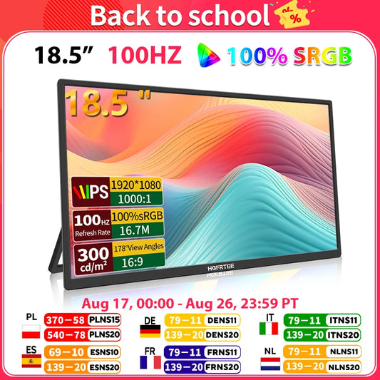 HGFRTEE 18.5inch 100Hz Portable Monitor With VESA Hole Stand PC Gaming Extended Display ADS-IPS Large screen Support Type-C HDMI