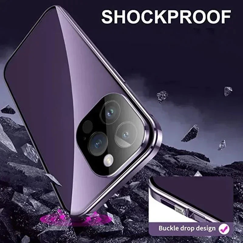 360 ° Full Protection Metal Magnetic Double-Sided Glass Snap Lock Privacy Case For iPhone 17 16 15 14 13 12 Pro Max Plus 17E 16E