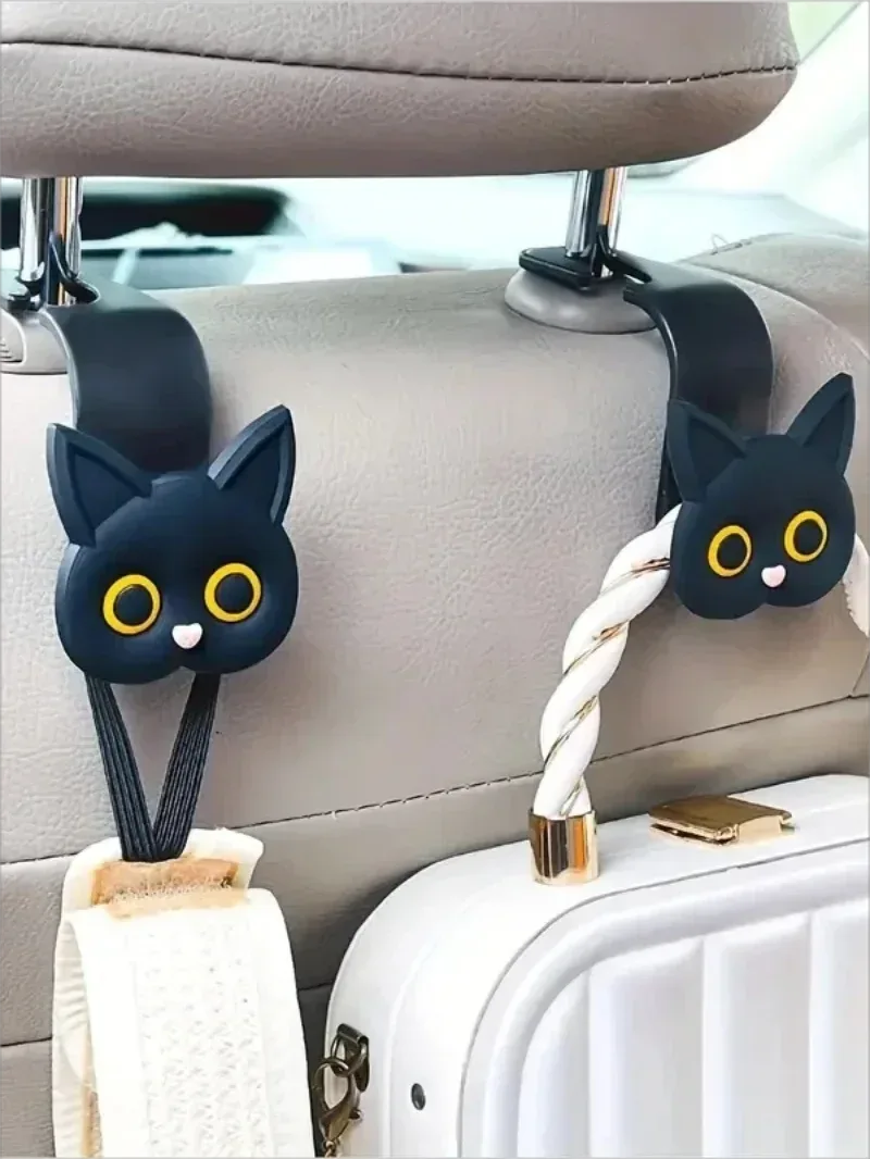 2pcs Adorable 3D Cartoon Cat Car Seat Headrest Hooks - Universal Vehicle Storage Organizer for Handbags, Purses, Coats - Cute Ca - Urbizia