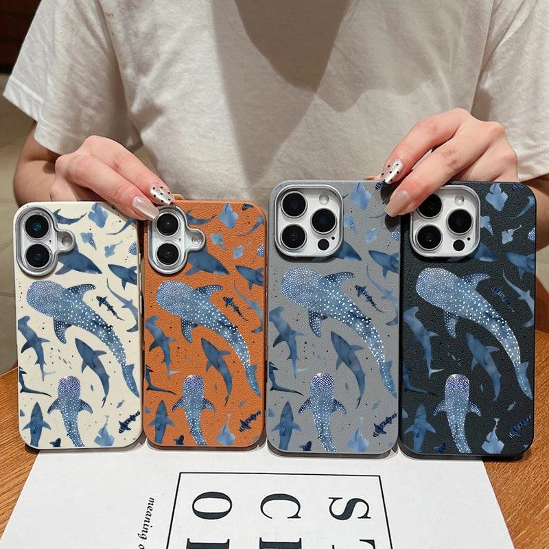 Whale Printed Leather Texture TPU Case for iPhone Series